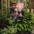 Samoyed Two Hearts Garden Flag –  Romantic Dog Pair with Sunset & Mountain Background