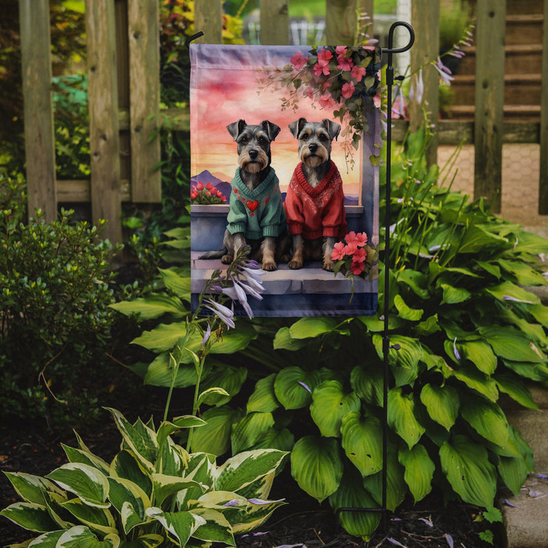 Schnauzer Two Hearts Garden Flag –  Romantic Dog Pair with Sunset & Mountain Background