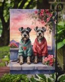 Schnauzer Two Hearts Garden Flag –  Romantic Dog Pair with Sunset & Mountain Background
