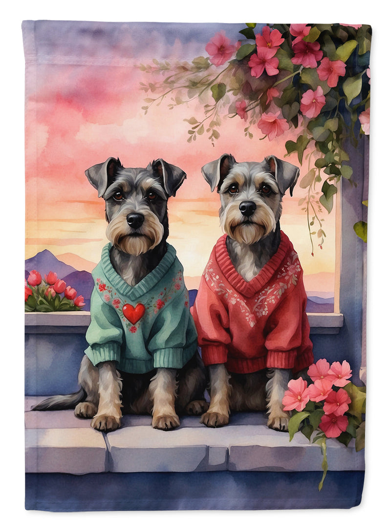Schnauzer Two Hearts Garden Flag –  Romantic Dog Pair with Sunset & Mountain Background