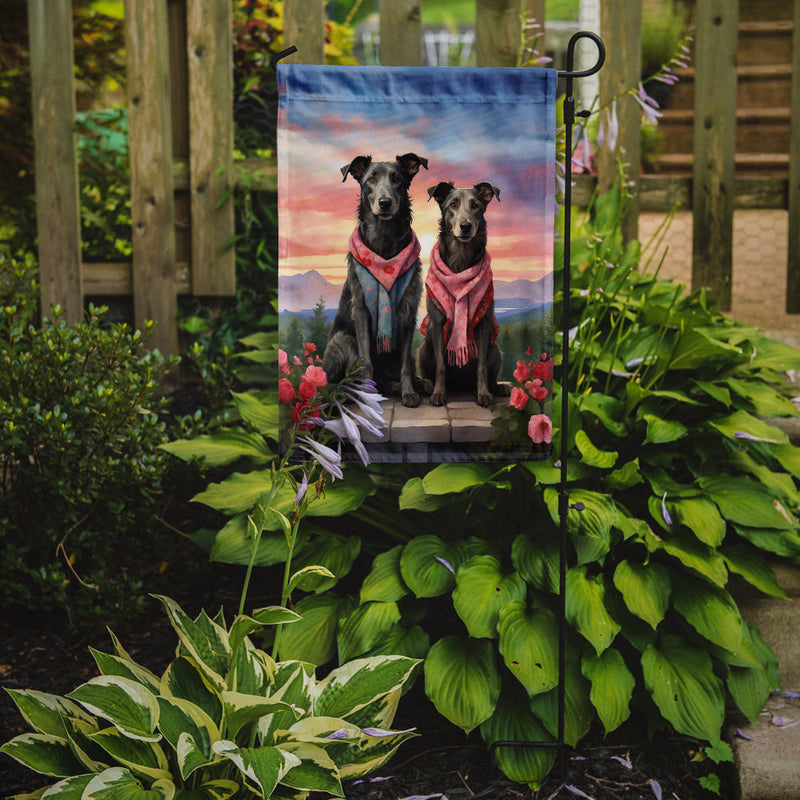 Scottish Deerhound Two Hearts Garden Flag –  Romantic Dog Pair with Sunset & Mountain Background