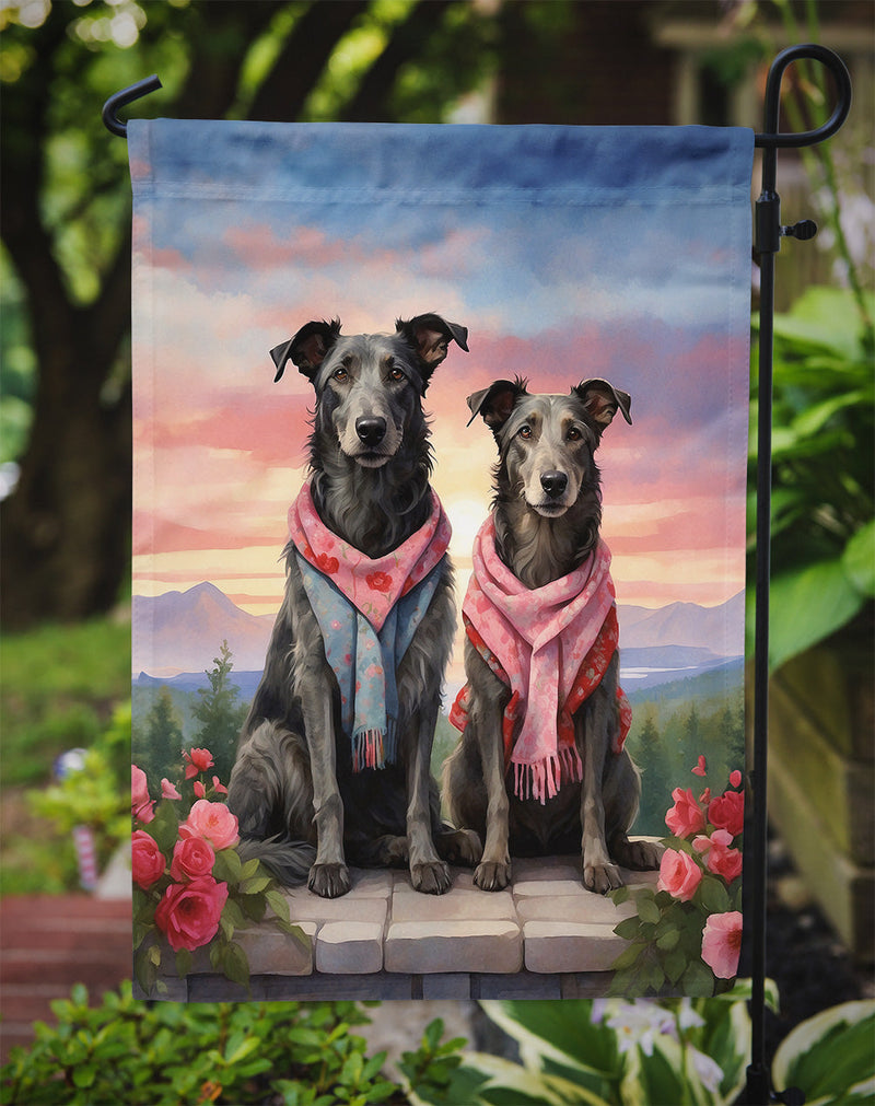 Scottish Deerhound Two Hearts Garden Flag –  Romantic Dog Pair with Sunset & Mountain Background