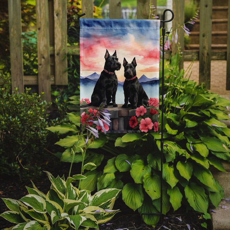 Scottish Terrier Two Hearts Garden Flag –  Romantic Dog Pair with Sunset & Mountain Background