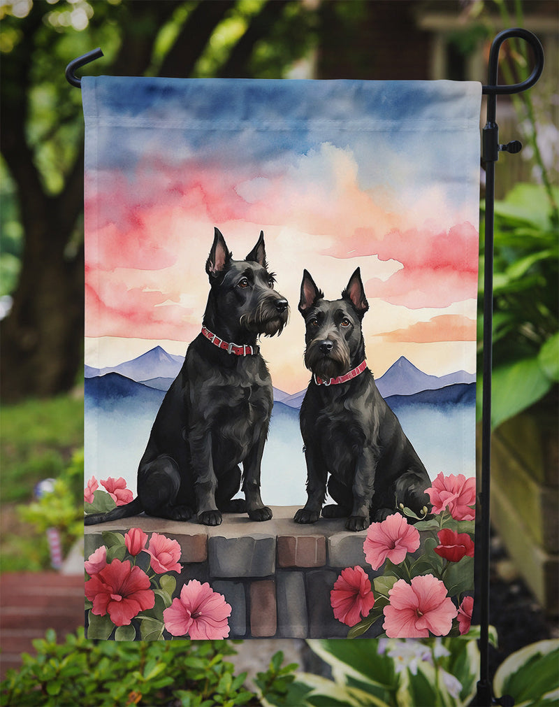 Scottish Terrier Two Hearts Garden Flag –  Romantic Dog Pair with Sunset & Mountain Background
