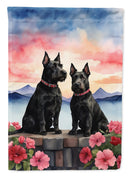 Scottish Terrier Two Hearts Garden Flag –  Romantic Dog Pair with Sunset & Mountain Background