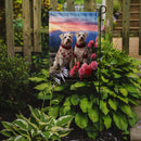 Sealyham Terrier Two Hearts Garden Flag –  Romantic Dog Pair with Sunset & Mountain Background
