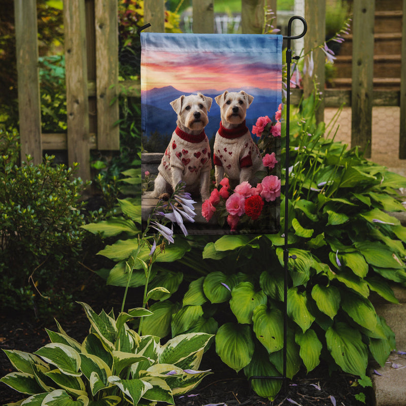 Sealyham Terrier Two Hearts Garden Flag –  Romantic Dog Pair with Sunset & Mountain Background