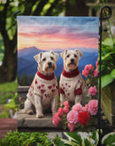 Sealyham Terrier Two Hearts Garden Flag –  Romantic Dog Pair with Sunset & Mountain Background