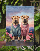 Shar Pei Two Hearts Garden Flag –  Romantic Dog Pair with Sunset & Mountain Background