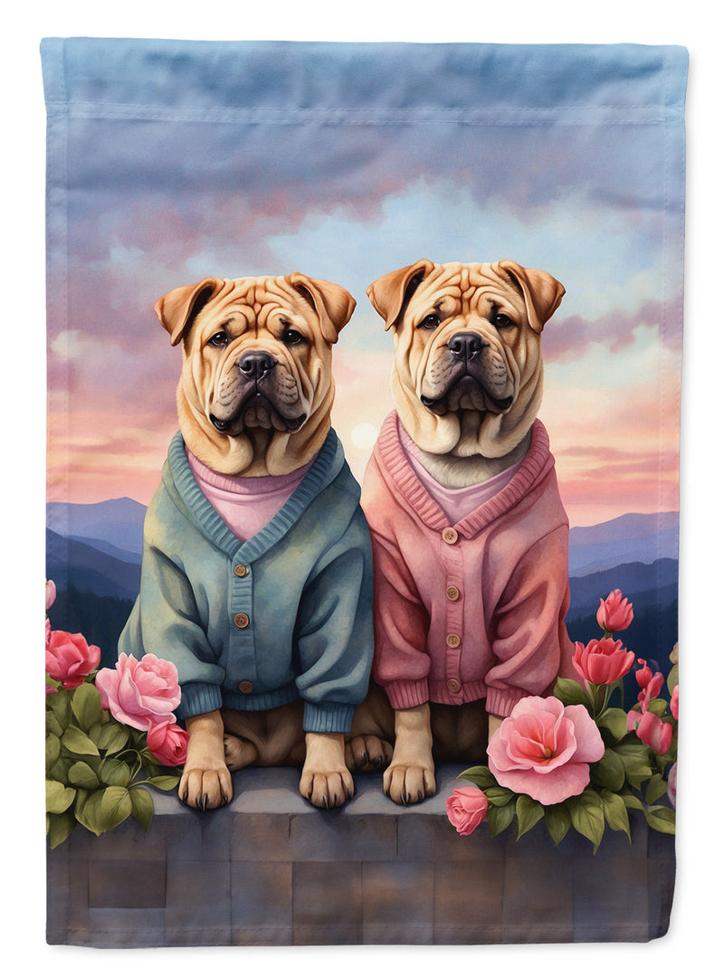 Shar Pei Two Hearts Garden Flag –  Romantic Dog Pair with Sunset & Mountain Background