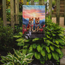 Shiba Inu Two Hearts Garden Flag –  Romantic Dog Pair with Sunset & Mountain Background