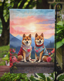 Shiba Inu Two Hearts Garden Flag –  Romantic Dog Pair with Sunset & Mountain Background