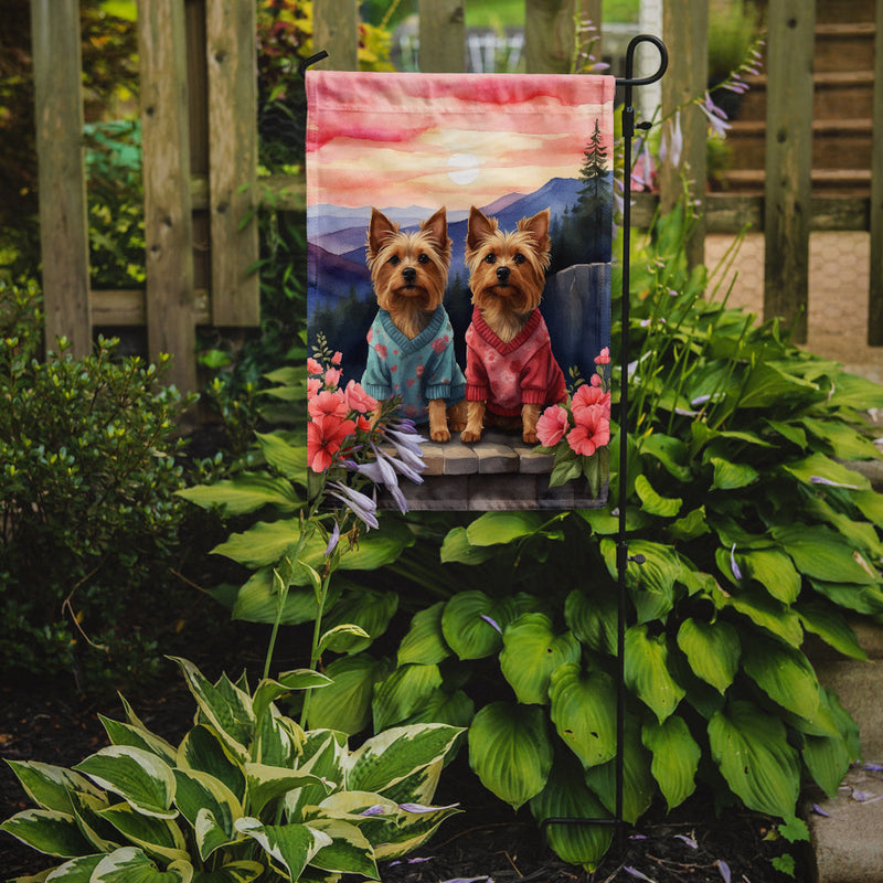 Silky Terrier Two Hearts Garden Flag –  Romantic Dog Pair with Sunset & Mountain Background