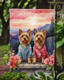 Silky Terrier Two Hearts Garden Flag –  Romantic Dog Pair with Sunset & Mountain Background