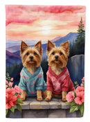 Silky Terrier Two Hearts Garden Flag –  Romantic Dog Pair with Sunset & Mountain Background