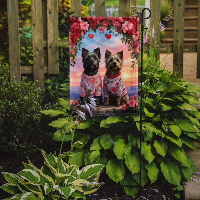 Skye Terrier Two Hearts Garden Flag –  Romantic Dog Pair with Sunset & Mountain Background