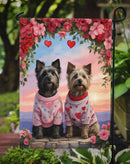 Skye Terrier Two Hearts Garden Flag –  Romantic Dog Pair with Sunset & Mountain Background