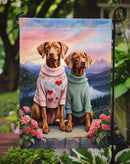 Vizsla Two Hearts Garden Flag –  Romantic Dog Pair with Sunset & Mountain Background