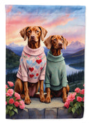 Vizsla Two Hearts Garden Flag –  Romantic Dog Pair with Sunset & Mountain Background