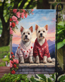 Westie Two Hearts Garden Flag –  Romantic Dog Pair with Sunset & Mountain Background