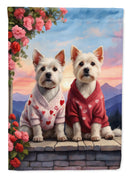 Westie Two Hearts Garden Flag –  Romantic Dog Pair with Sunset & Mountain Background