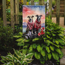 Whippet Two Hearts Garden Flag –  Romantic Dog Pair with Sunset & Mountain Background