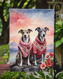 Whippet Two Hearts Garden Flag –  Romantic Dog Pair with Sunset & Mountain Background