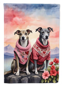 Whippet Two Hearts Garden Flag –  Romantic Dog Pair with Sunset & Mountain Background