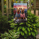 Yorkshire Terrier Two Hearts Garden Flag –  Romantic Dog Pair with Sunset & Mountain Background