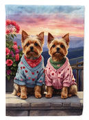 Yorkshire Terrier Two Hearts Garden Flag –  Romantic Dog Pair with Sunset & Mountain Background