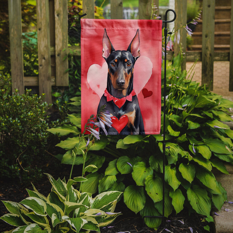 Doberman Pinscher Valentine’s Day Garden Flag – Dog-Themed Heart Yard Decor