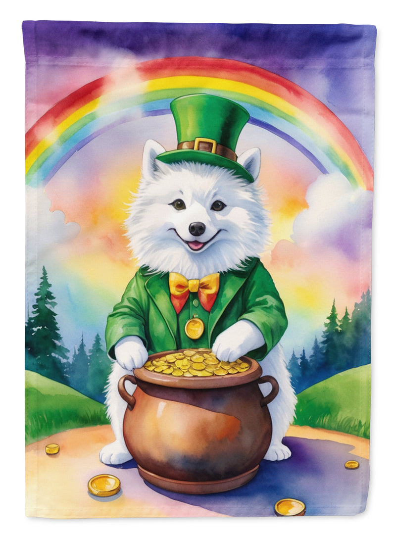 American Eskimo St. Patrick’s Day Garden Flag – Dog with Pot of Gold & Rainbow Yard Decor