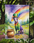 American Hairless Terrier St. Patrick’s Day Garden Flag – Dog with Pot of Gold & Rainbow Yard Decor
