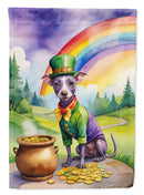 American Hairless Terrier St. Patrick’s Day Garden Flag – Dog with Pot of Gold & Rainbow Yard Decor
