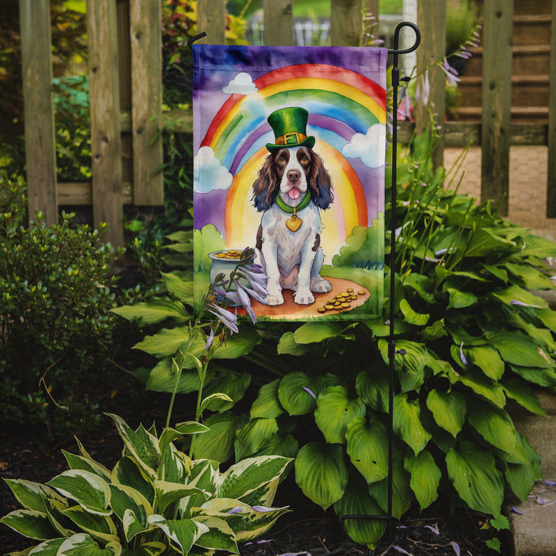 English Springer Spaniel St. Patrick’s Day Garden Flag – Dog with Pot of Gold & Rainbow Yard Decor