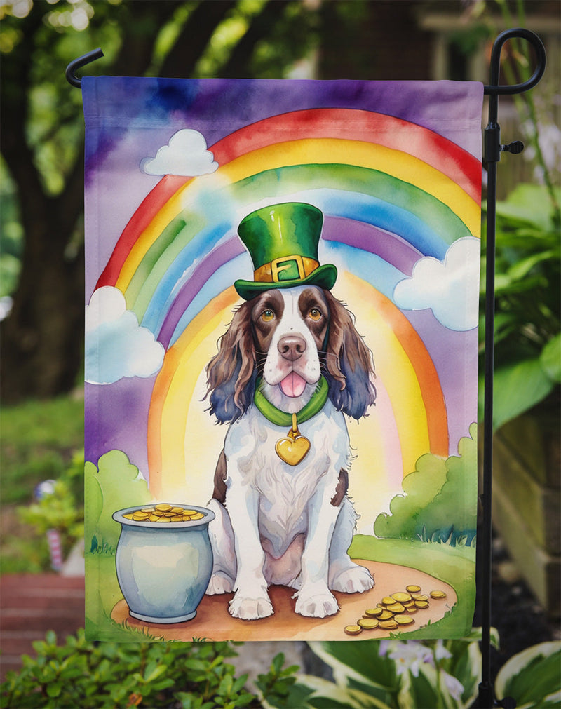 English Springer Spaniel St. Patrick’s Day Garden Flag – Dog with Pot of Gold & Rainbow Yard Decor