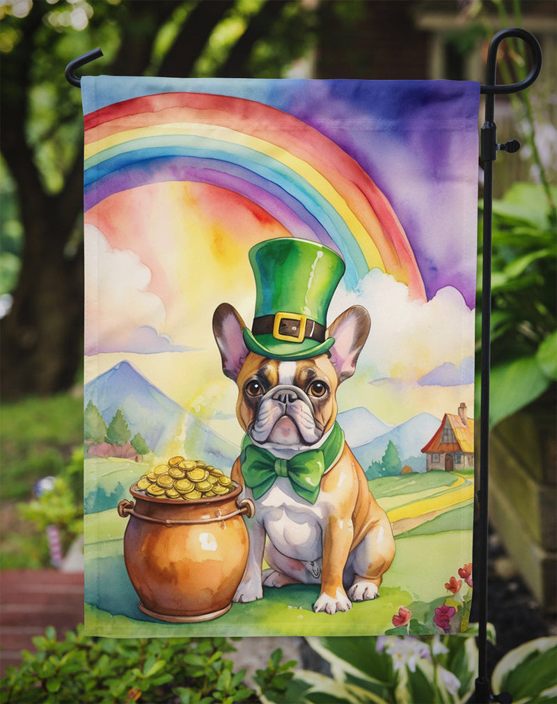 French Bulldog St. Patrick’s Day Garden Flag – Dog with Pot of Gold & Rainbow Yard Decor