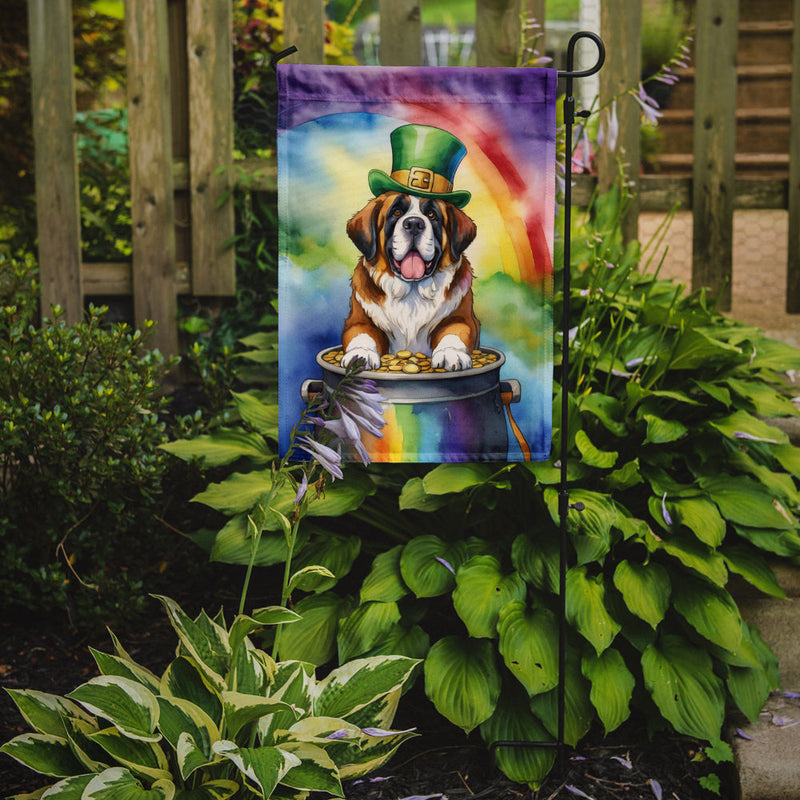 Saint Bernard St. Patrick’s Day Garden Flag – Dog with Pot of Gold & Rainbow Yard Decor