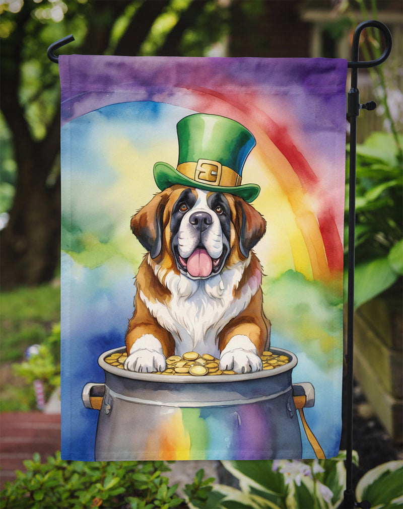 Saint Bernard St. Patrick’s Day Garden Flag – Dog with Pot of Gold & Rainbow Yard Decor