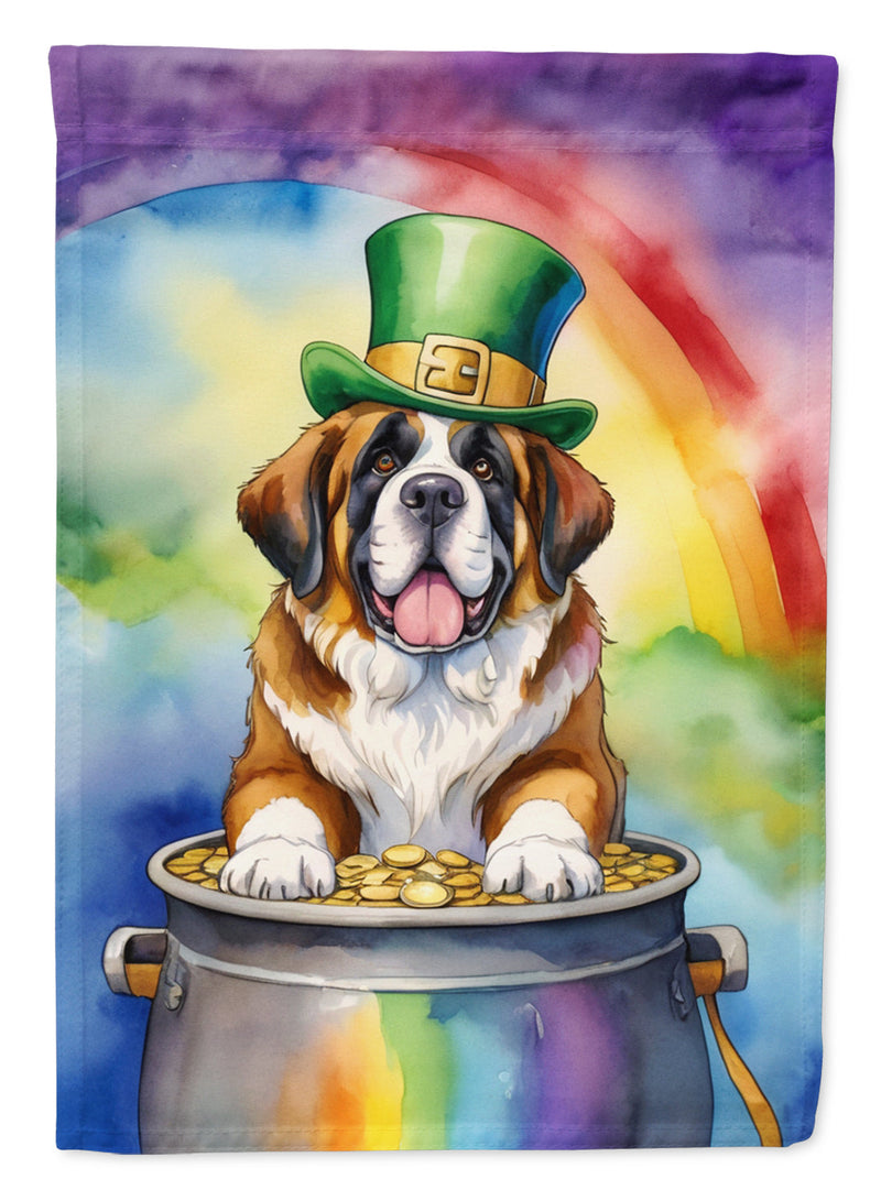 Saint Bernard St. Patrick’s Day Garden Flag – Dog with Pot of Gold & Rainbow Yard Decor