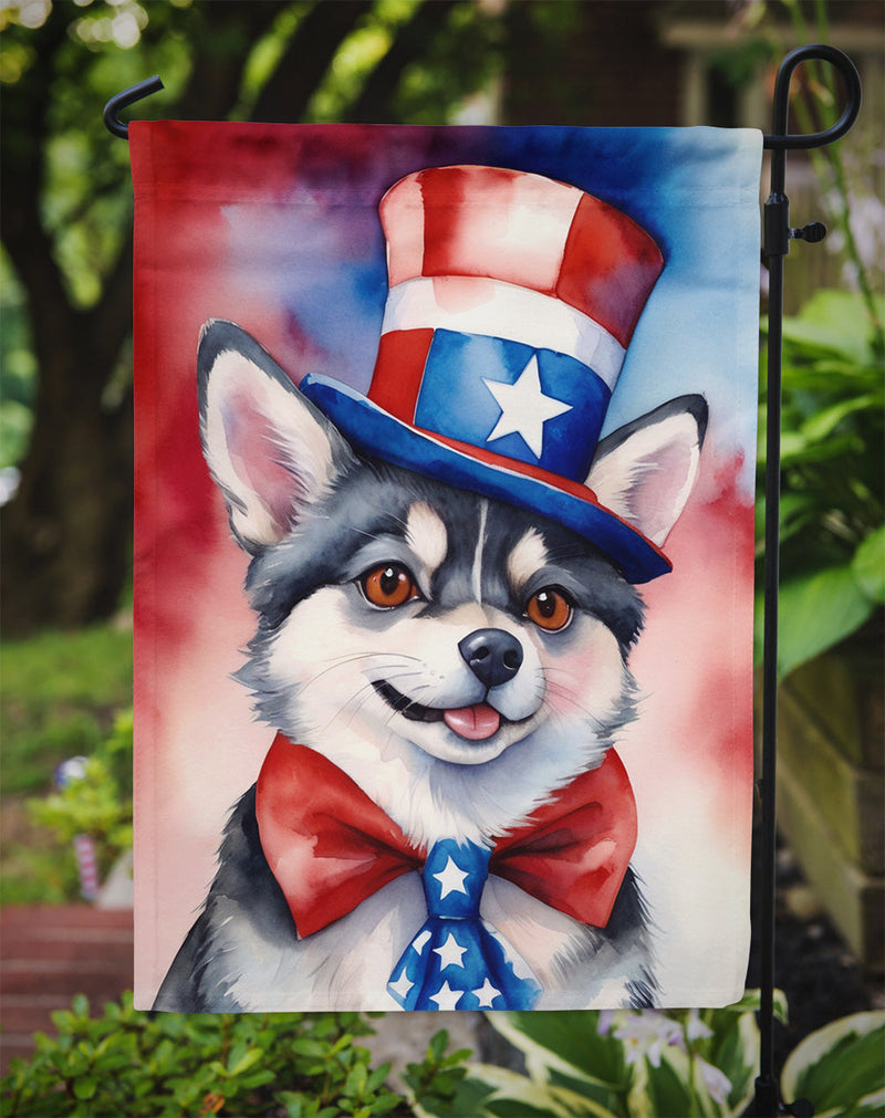 Alaskan Klee Kai Patriotic American Garden Flag – Dog in Uncle Sam Hat | Red, White & Blue Outdoor Decor