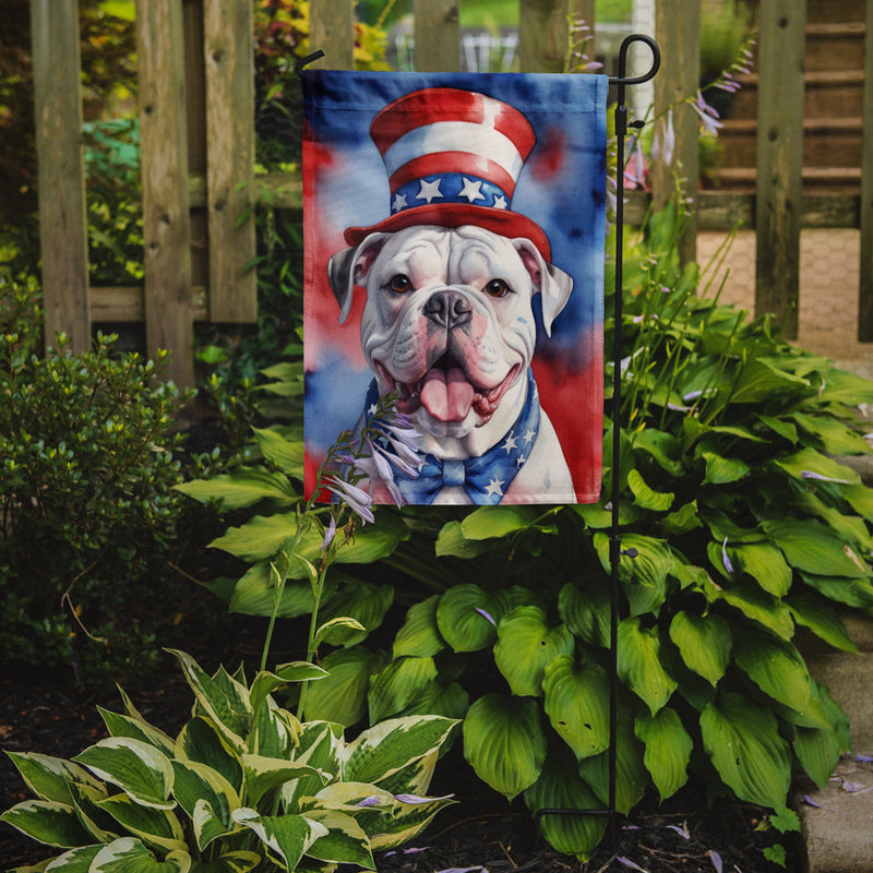 American Bulldog Patriotic American Garden Flag – Dog in Uncle Sam Hat | Red, White & Blue Outdoor Decor