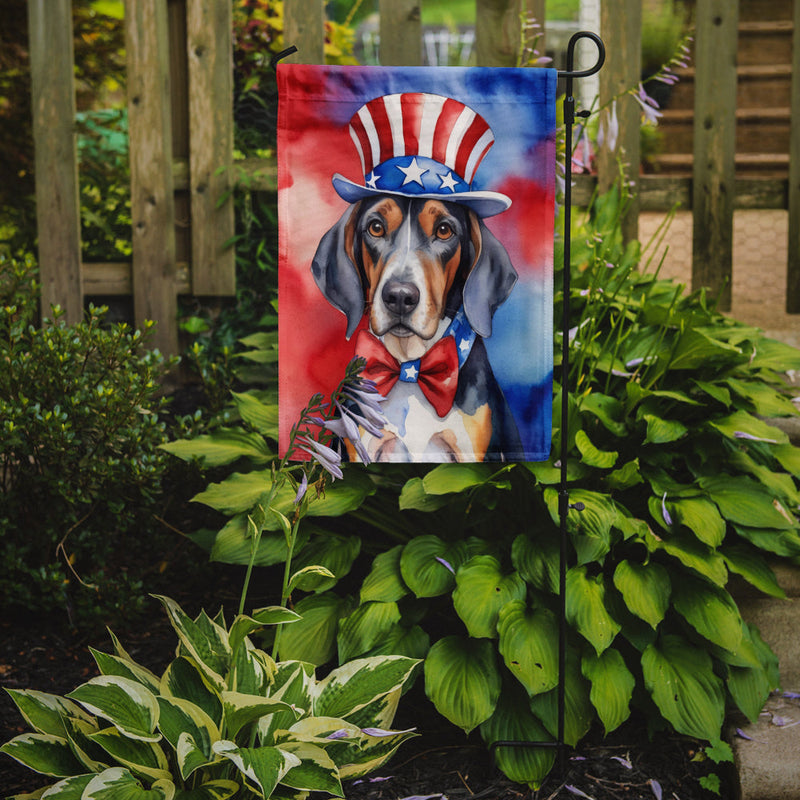 American English Coonhound Patriotic American Garden Flag – Dog in Uncle Sam Hat | Red, White & Blue Outdoor Decor