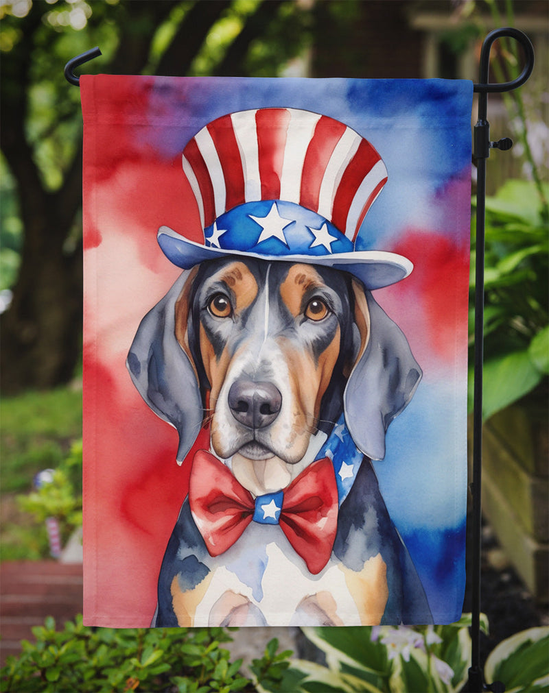 American English Coonhound Patriotic American Garden Flag – Dog in Uncle Sam Hat | Red, White & Blue Outdoor Decor