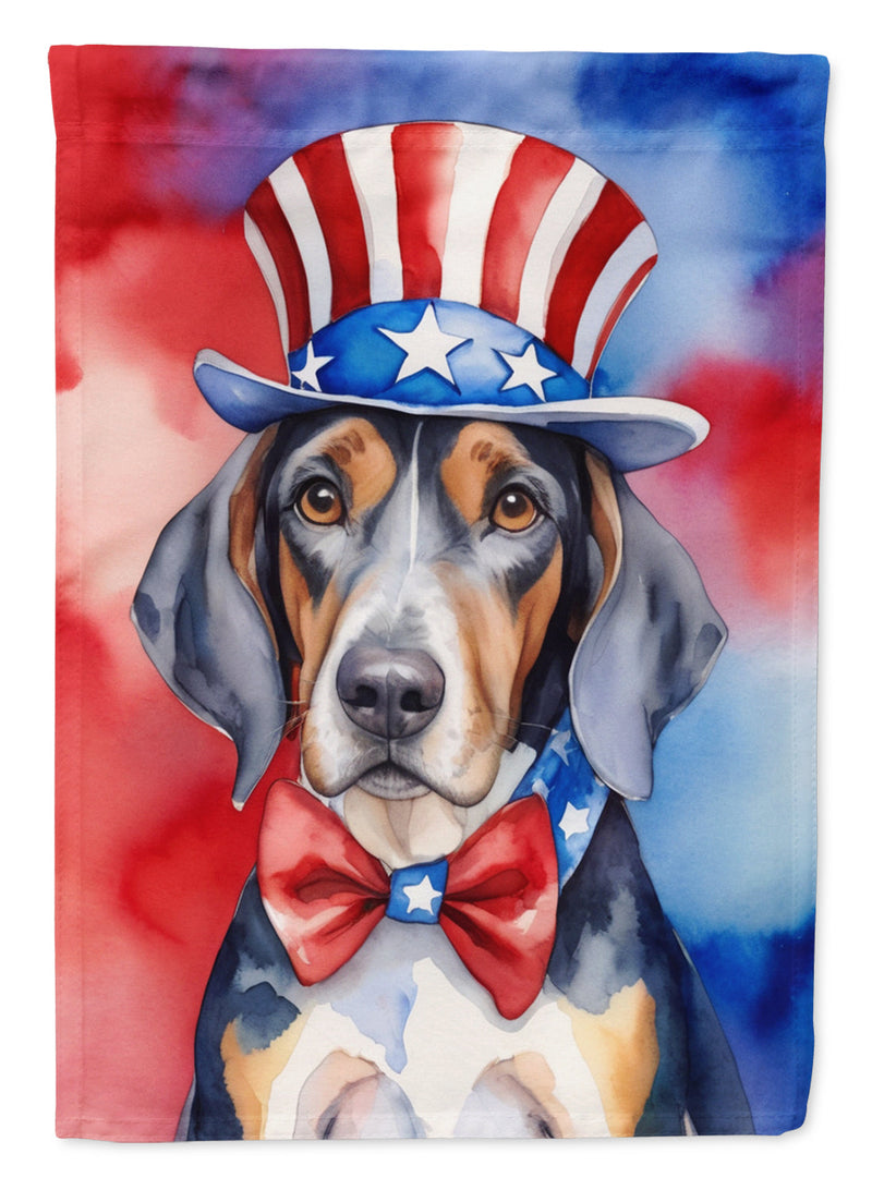 American English Coonhound Patriotic American Garden Flag – Dog in Uncle Sam Hat | Red, White & Blue Outdoor Decor