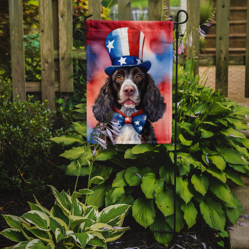 American Water Spaniel Patriotic American Garden Flag – Dog in Uncle Sam Hat | Red, White & Blue Outdoor Decor