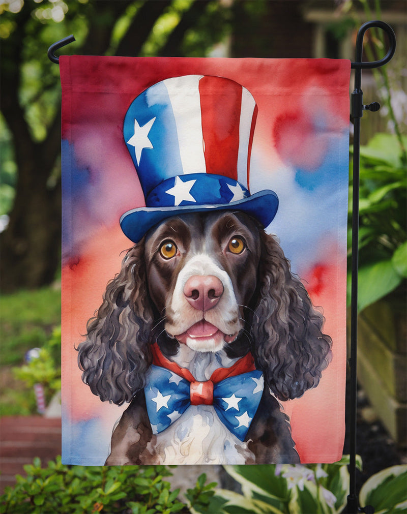 American Water Spaniel Patriotic American Garden Flag – Dog in Uncle Sam Hat | Red, White & Blue Outdoor Decor