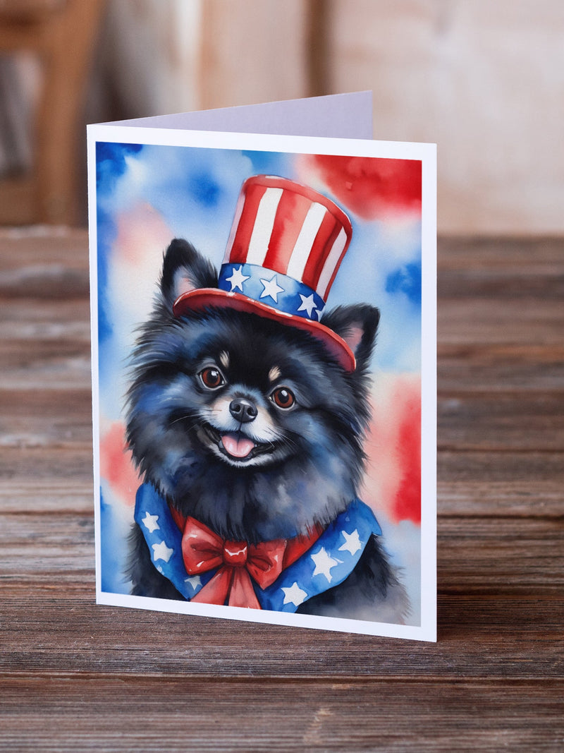 Pomeranian Patriotic American Greeting Cards - Blank Note Cards – 8-Pack of Artist-Designed Cards with Envelopes
