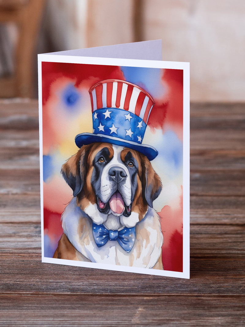 Saint Bernard Patriotic American Greeting Cards - Blank Note Cards – 8-Pack of Artist-Designed Cards with Envelopes