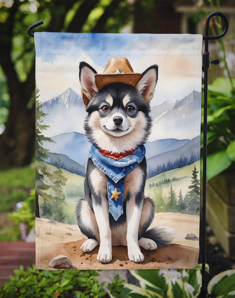 Alaskan Klee Kai Cowboy Welcome Garden Flag – Western Dog Yard Decor with Mountain Landscape